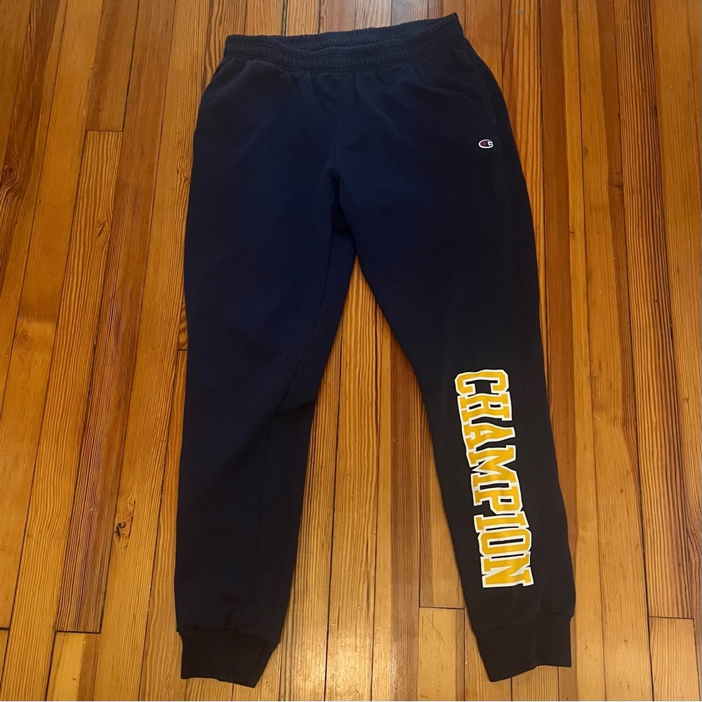 Men’s Champion Elastic Waist Fleece Navy Joggers with Yellow Logo Print Size XL